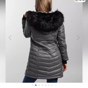 Women's Charcoal Puffer Coat with Black Faux Fur Hood
